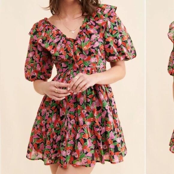 Banjanan Dresses & Skirts - Banjanan Scorpio Floral Cotton Babydoll Mini Dress Mini Bloom Vivid Black NWT